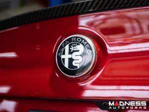 Alfa Romeo Emblems + Badges + Wheel Caps Kit - Black - "Alfa Romeo" + "Sportiva" Emblems + 2 AR Badges + 4 Center Caps